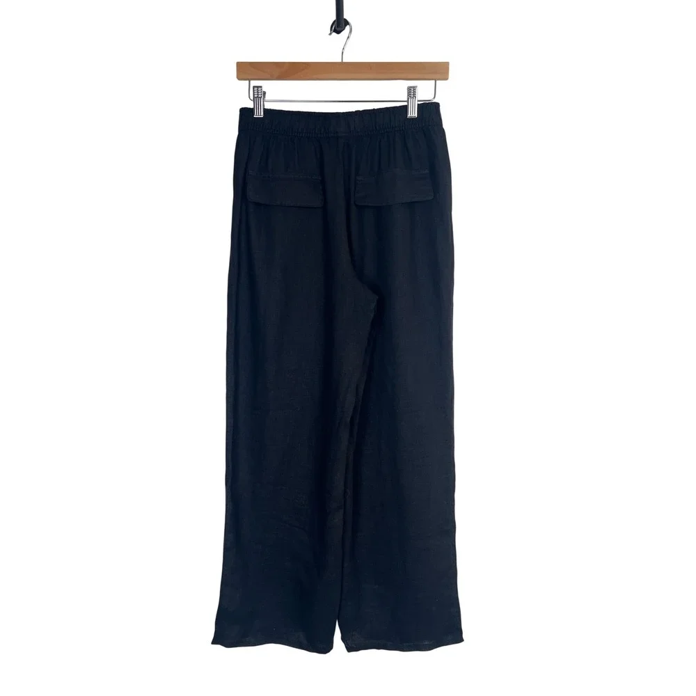 Zara Black Linen Blend Wide Leg Elastic Waist Pants Small Casual Coastal